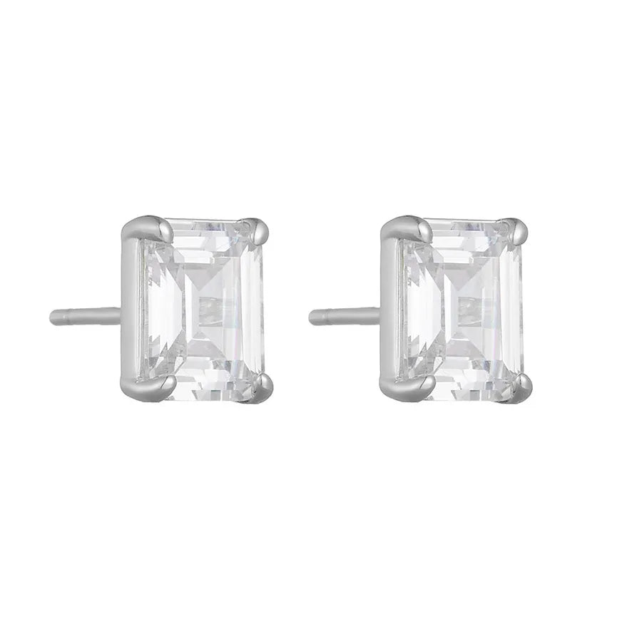 925 Silver Geometric Rectangle Zircon Stud Earrings White 925 Silver