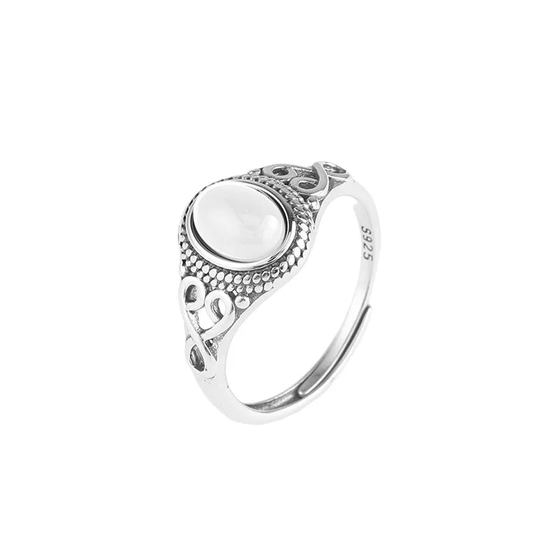 Sterling Silver Oval Gemstone Open Ring Adjustable Opening Thai Silver Color Hetian Jade