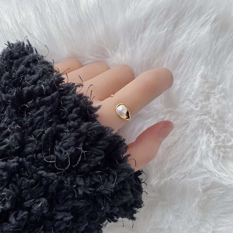 18K Gold Plated Geometric Pearl Sterling Silver Ring 18K Gold