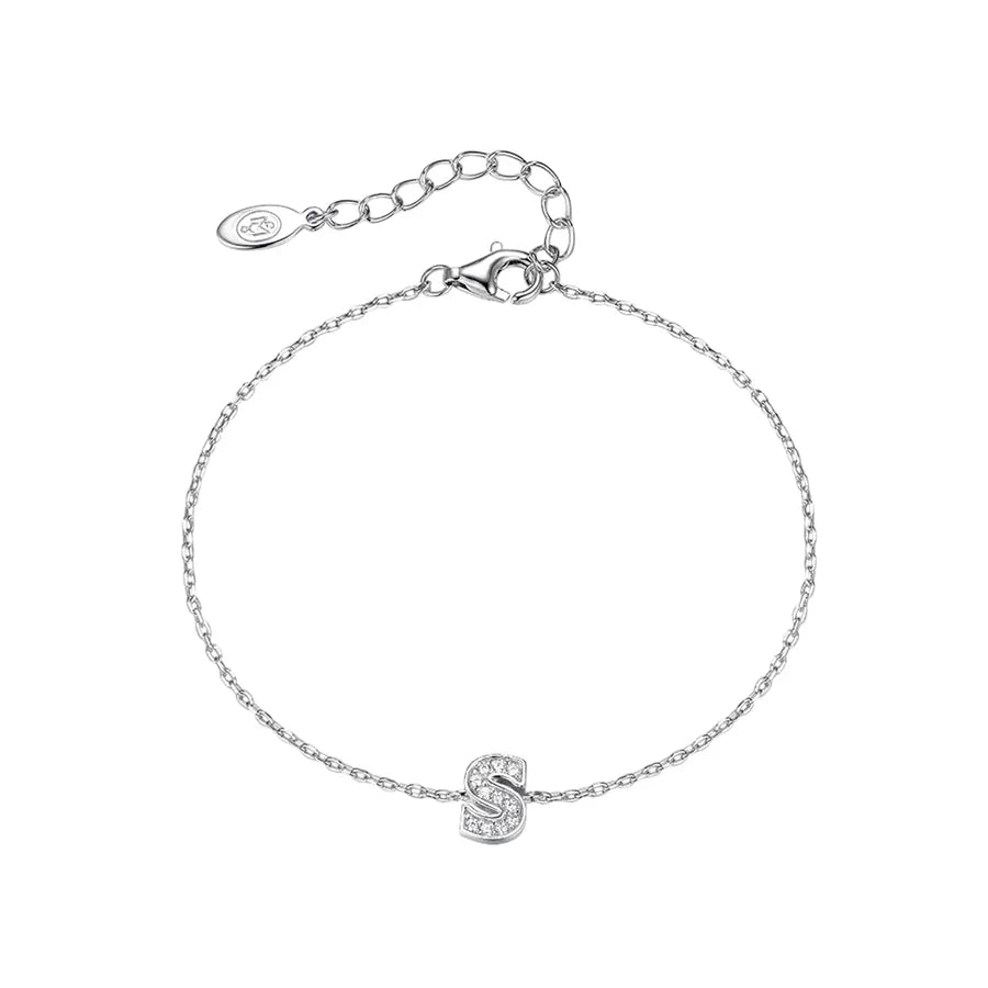Sterling Silver Letter Bracelet with Zircon Silver Letter S