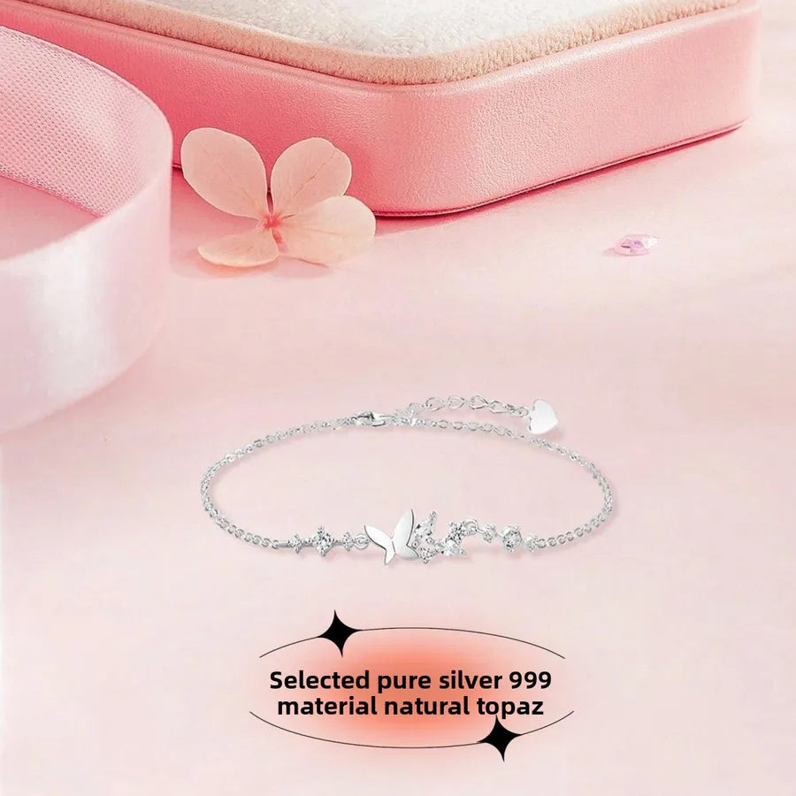 Butterfly Flower Silver Bracelet for Women White Gold (natural Topaz)