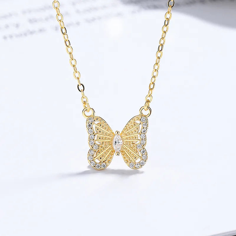 Sterling Silver Butterfly Pendant Necklace Yellow Gold 925 Silver