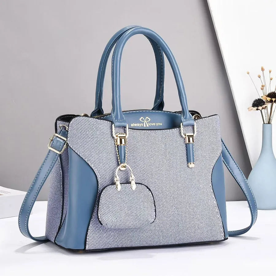 Color Block PU Shoulder Handbag for Women Blue