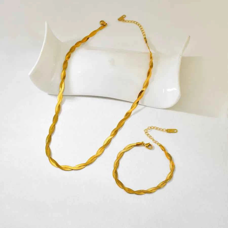 18K Gold Plated Herringbone Chain Necklace & Bracelet