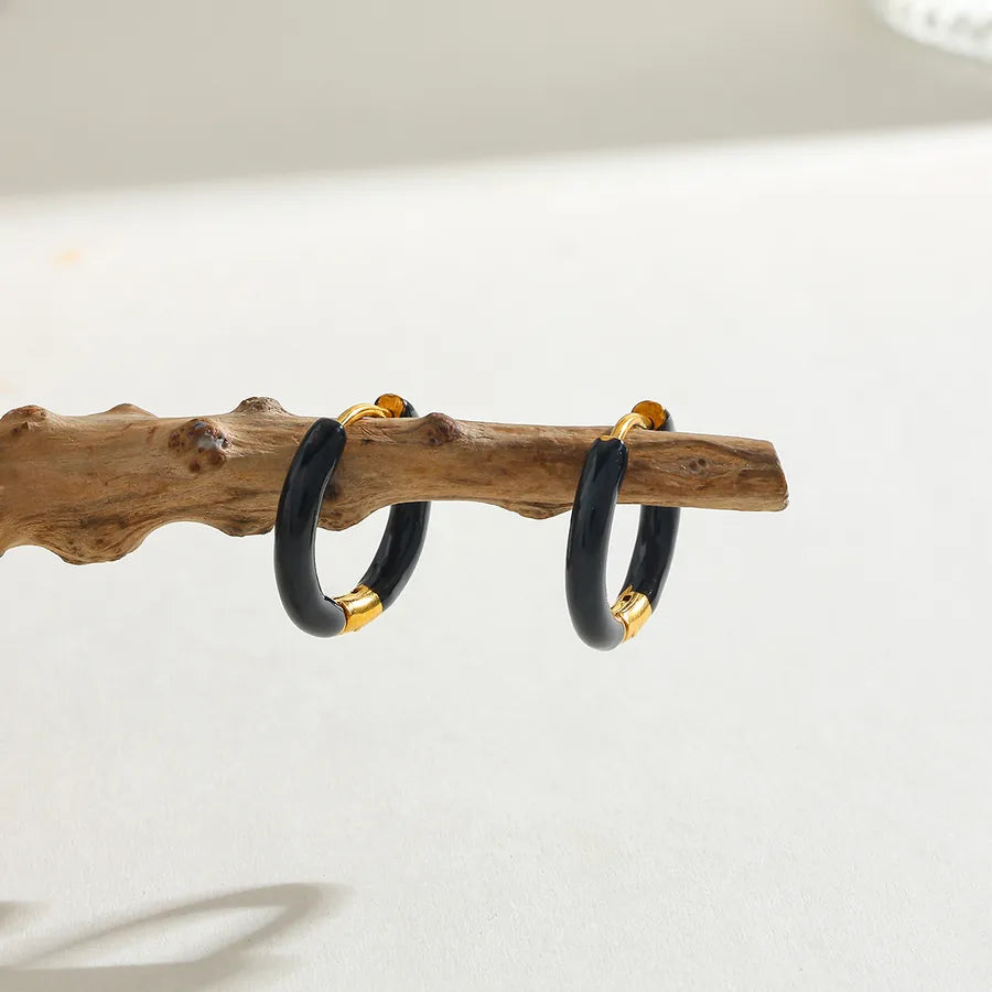 18K Gold Plated Round Stainless Steel Earrings Black-16.48*17.26*2.86mm