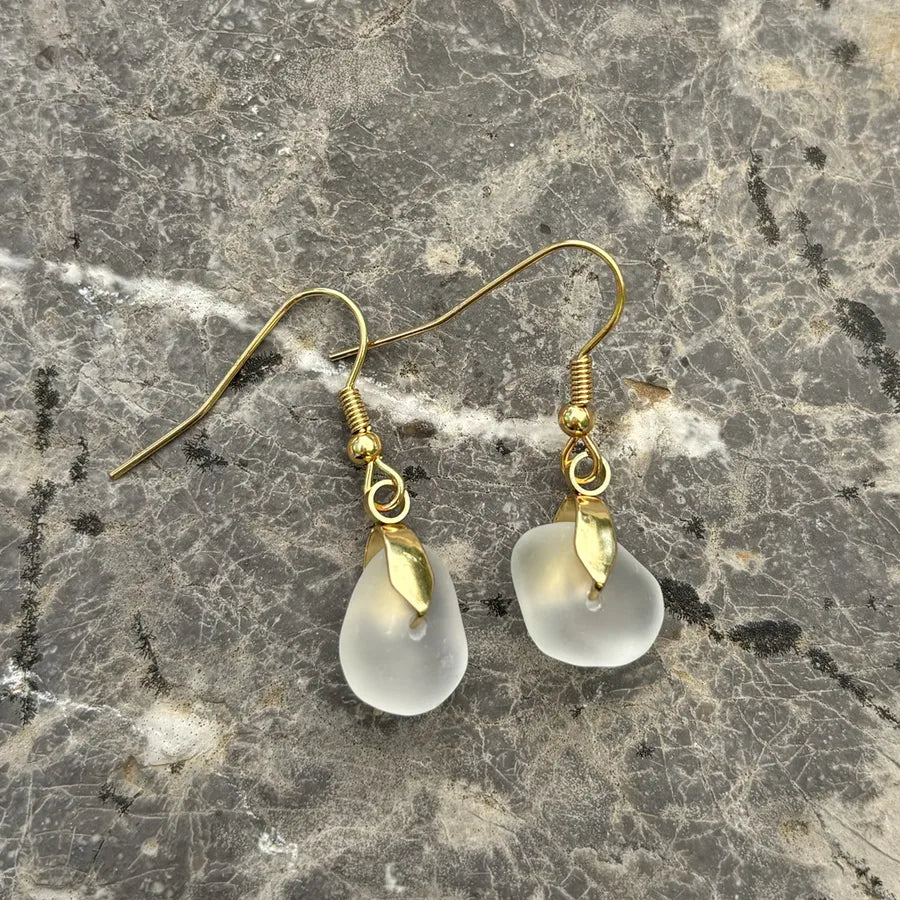 Sea Glass Dangle Earrings with Stainless Steel Hooks Gold Ear Hooks-White Sea Glass