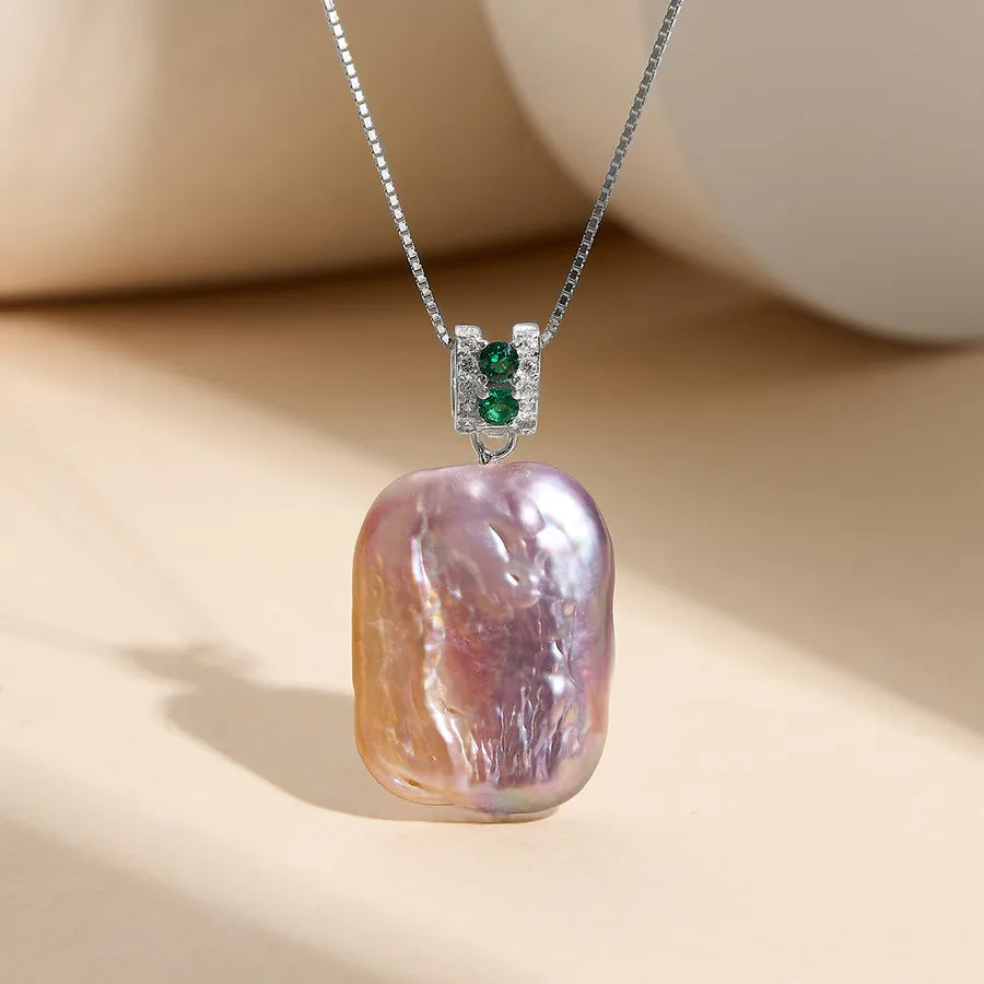 Emerald Zircon & Pearl Layered Necklace in 925 Silver Silver Purple Rectangular Baroque Pearl