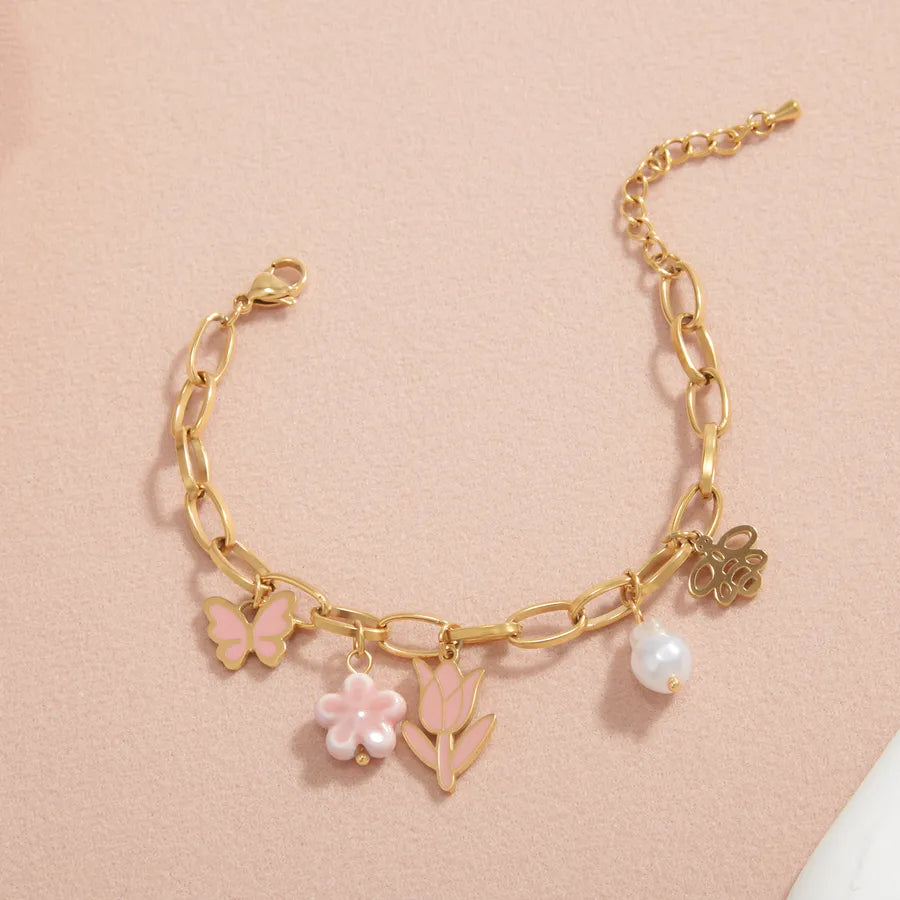 18K Gold Plated Pink Tulip Pearl Bracelet