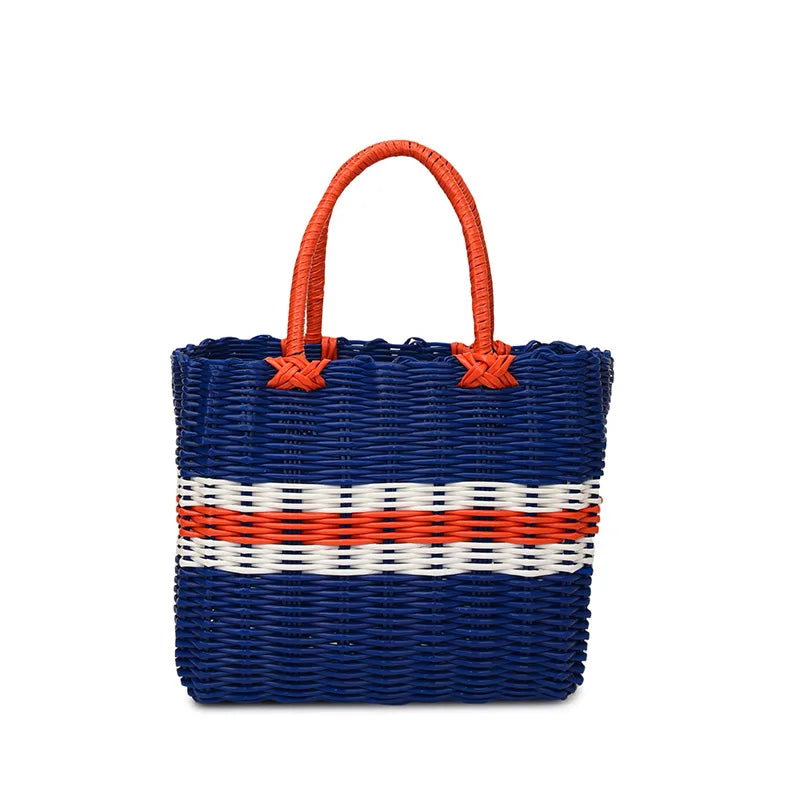 Color Block Straw Beach Tote – Large Bucket Bag Blue