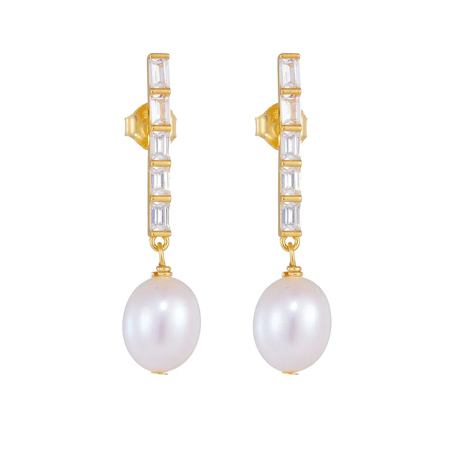 925 Silver Pearl & Zircon Geometric Drop Earrings One Size Gold