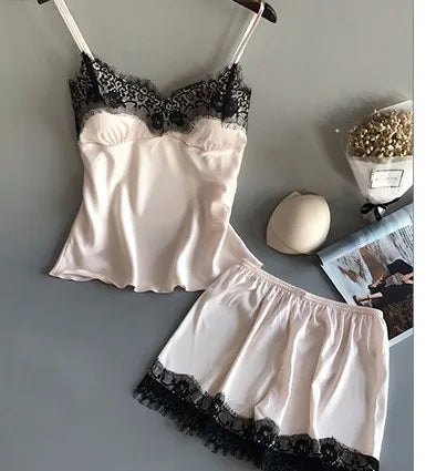 Women's Sexy Ice Silk Lace Pajama Set Powder skin