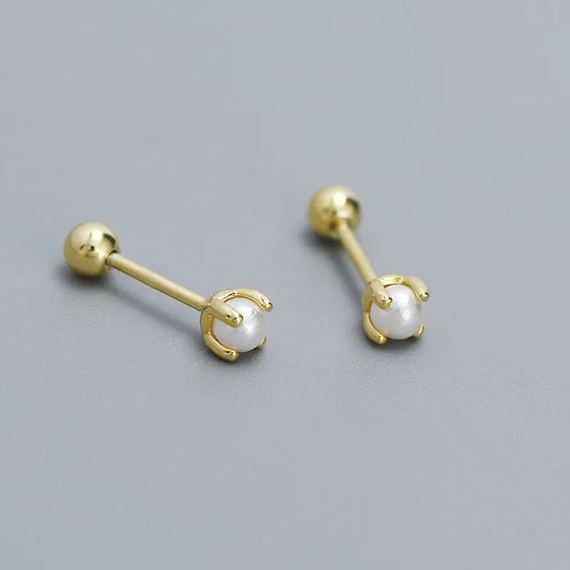 925 Silver Pearl Geometric Stud Earrings Golden 925 Silver