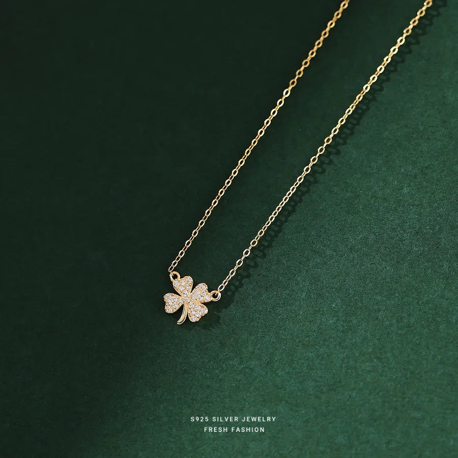 925 Sterling Silver Four Leaf Clover Pendant Necklace Gold