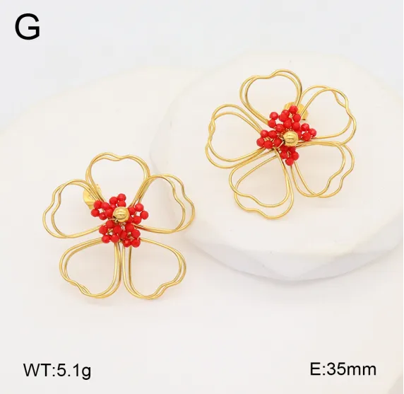 Gold Flower Pearl Drop Earrings Auricular Needle 0.8 Red Stamen Four-leaf Flower 1 Pair Package