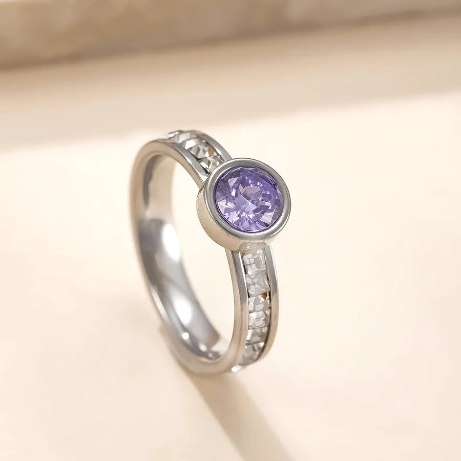 Geometric Zircon Stainless Steel Ring Steel Color-Purple Diamond