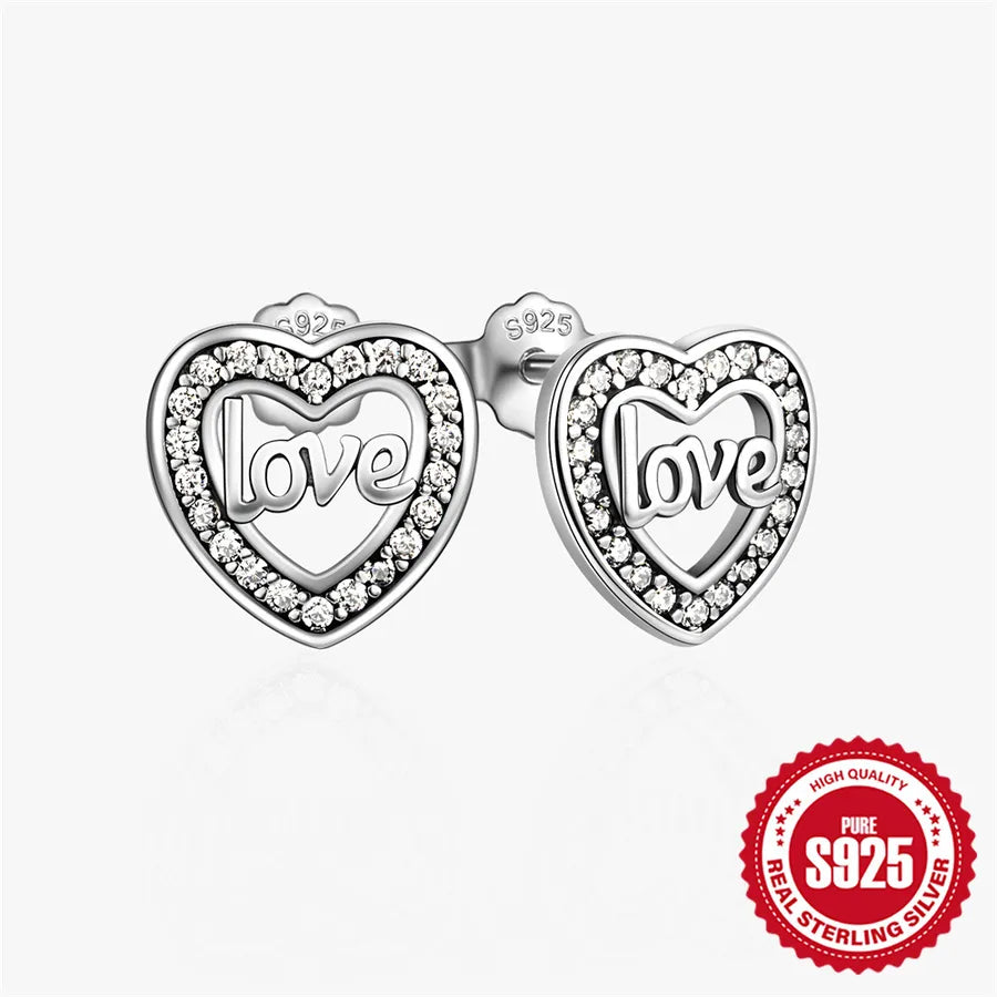 925 Silver Heart Zircon Stud Earrings #9 Retro Black-Love 925 Silver