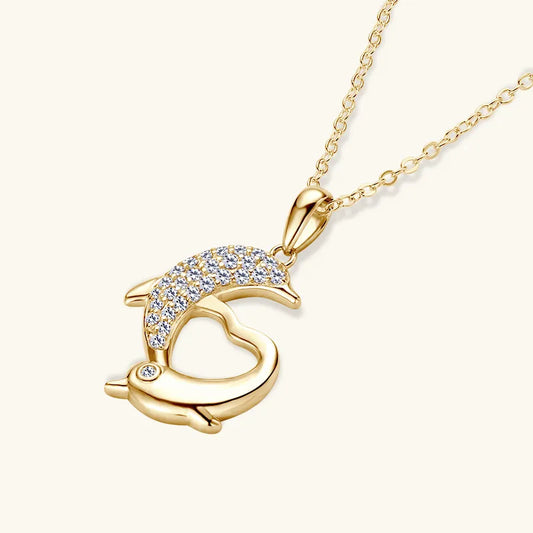 10K Gold Dolphin Pendant Necklace with Moissanite