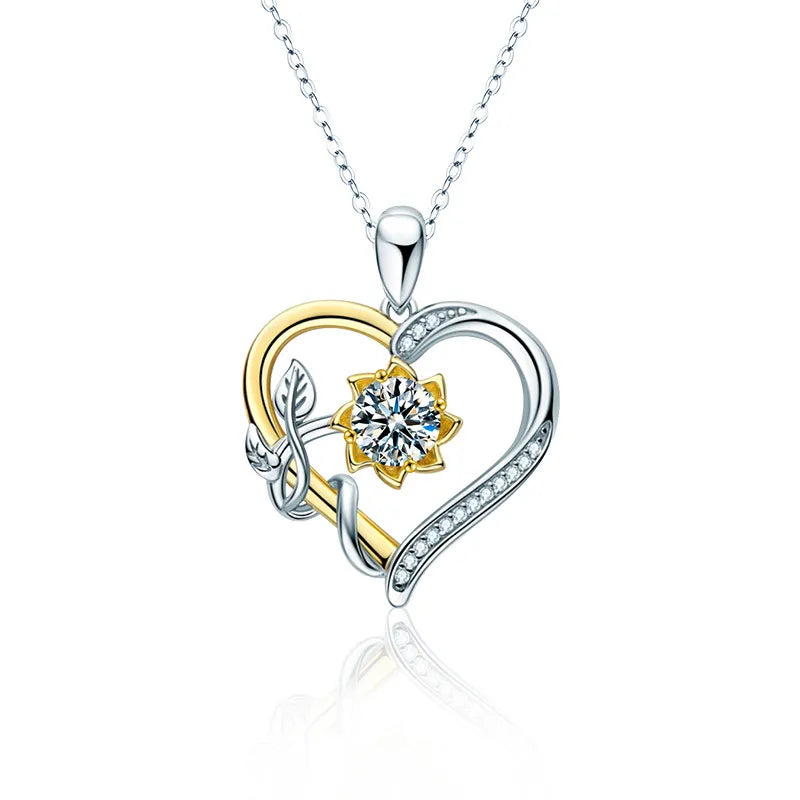 925 Silver Moissanite Heart Sunflower Pendant Necklace