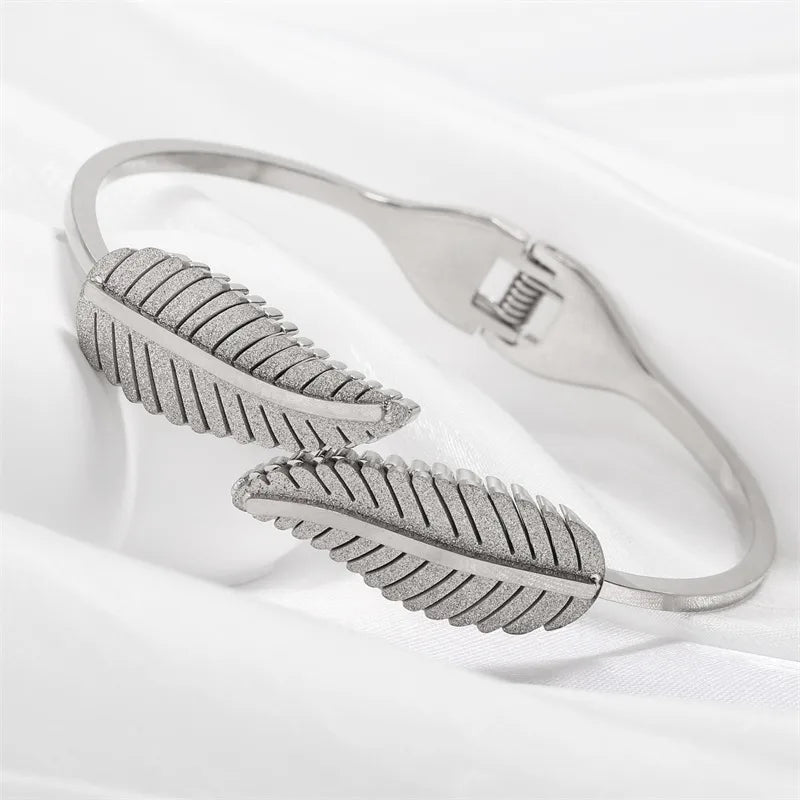 Feather Leaf Open Cuff Bracelet – Stainless Steel Bracelet (stainless Steel Color)