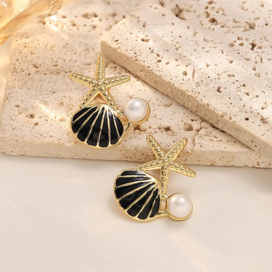 Starfish & Shell Pearl Earrings – Gold Stainless Steel 25.5x31mm (needle Thickness: 0.8mm) Black 1 Pair Package