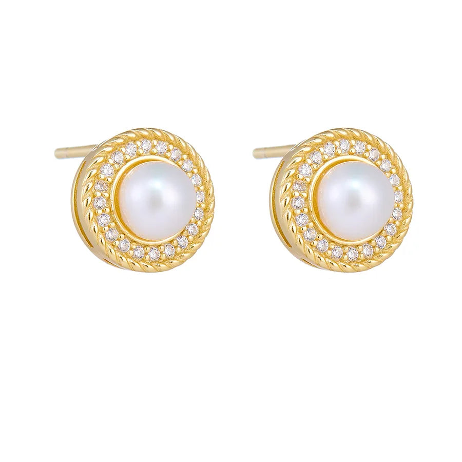 925 Silver Pearl & Zircon Round Stud Earrings Gold