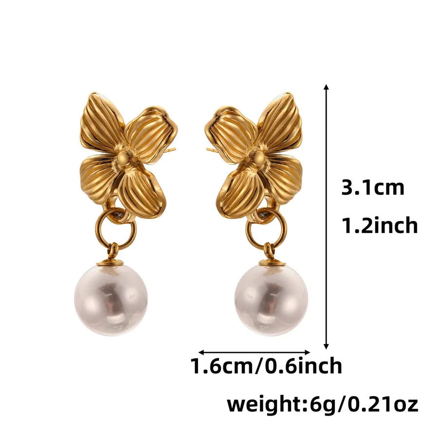 Women's Boho Stainless Steel Clover Earrings Four Petals Pearl 18k