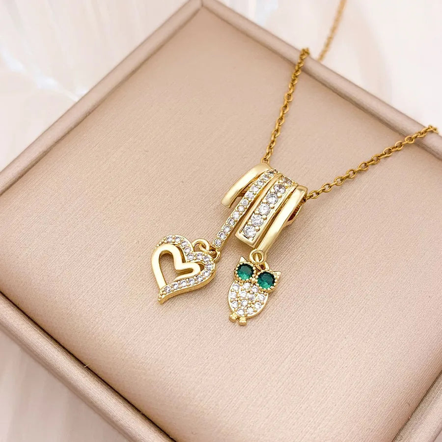 Gold Plated Heart & Eye Zircon Pendant Necklace XL3336 Heart Owl Combination Necklace Gold