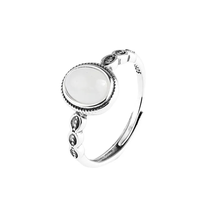 Women's Sterling Silver Agate Open Ring Adjustable Opening Thai Silver Color Hetian Jade