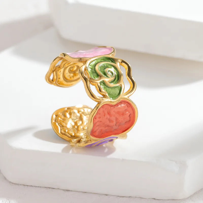 18K Gold Plated Enamel Stainless Steel Ring R882-Deep Colorful