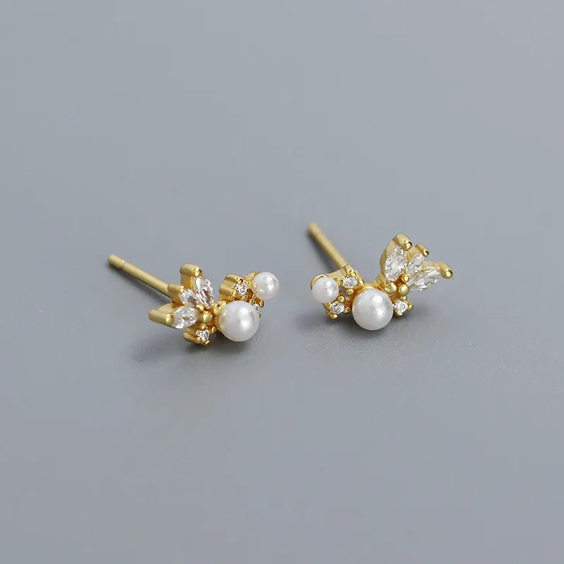 925 Silver Pearl & Diamond Geometric Stud Earrings Gold 925 Silver
