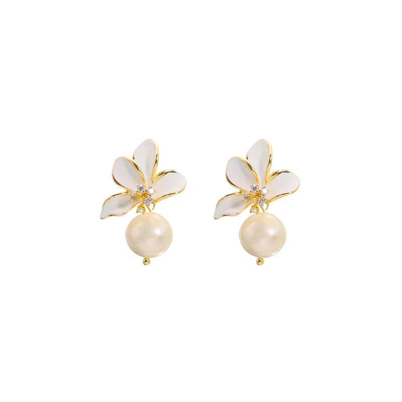 925 Silver Pearl & Zircon Flower Stud Earrings