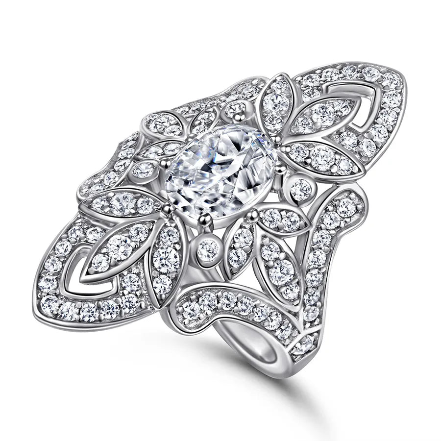 Floral Sterling Silver Zircon Ring for Women