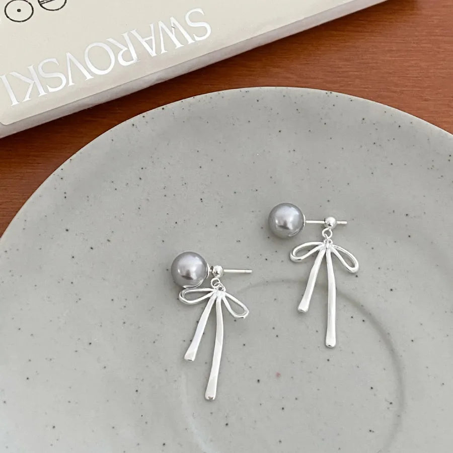 925 Sterling Silver Bow Knot Stud Earrings Shijia Gray Pearl 925 Silver