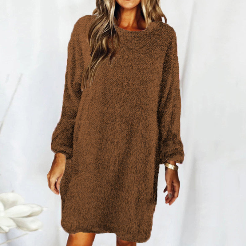 Plush Cotton Lounge Dress – Long Sleeve Relaxed Fit for Fall and Winter