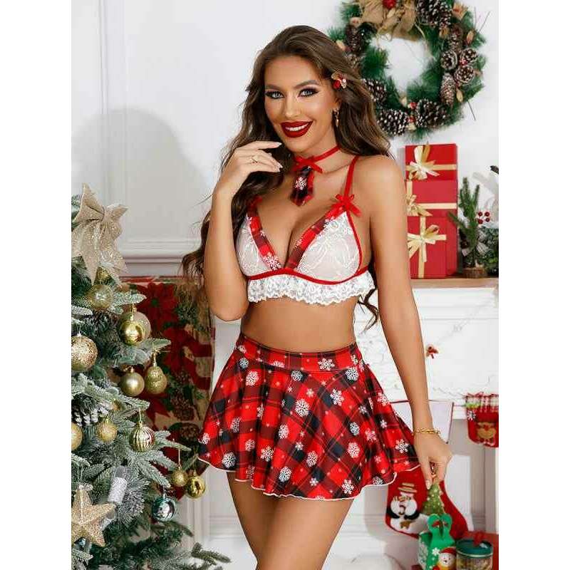 Smiling Maria red plaid Christmas lingerie set with lace detailing and flared skirt for festive occasions