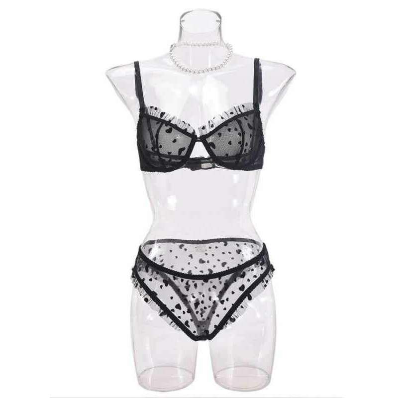 Smiling Maria sheer lace lingerie set featuring stylish black bra and matching panties with ruffled details