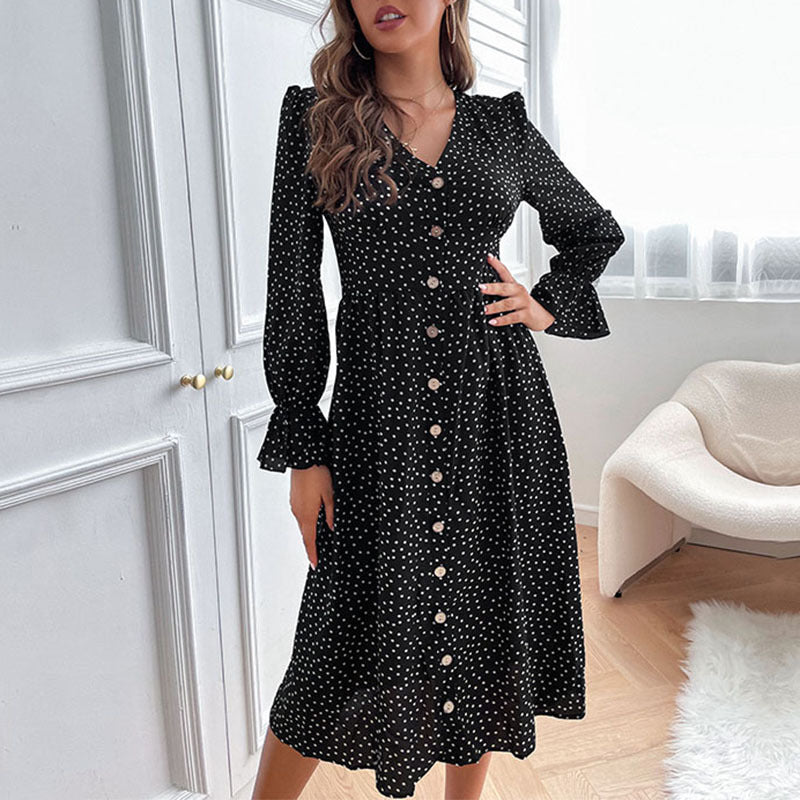 Black Polka Dot Long Sleeve Dress – Petal Sleeves & Woven Fit for Autumn