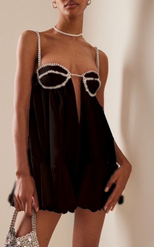 Pleated Swing Dress with Suspender Straps & Diamond Accents – Spring Sexy Sleeveless Fit