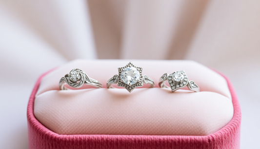 Elegant sterling silver rings displayed on a velvet cushion