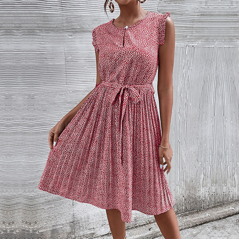 Lace-Up Pleated Midi Dress – Green Floral Sleeveless Summer Dress