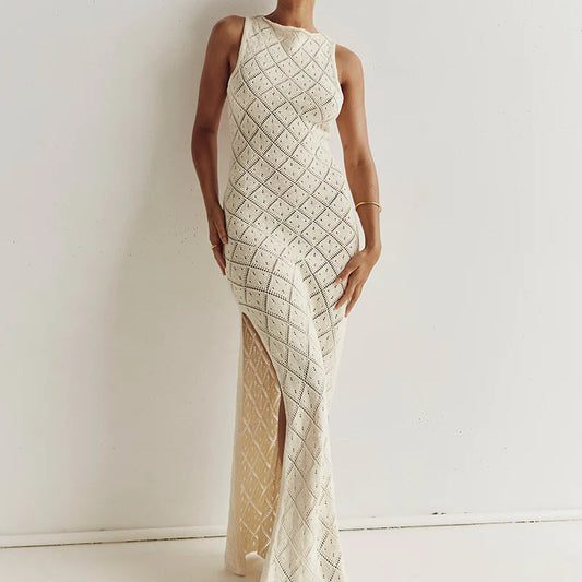Hollow Knit Sleeveless Maxi Dress with Side Slit – Spring Boho Style