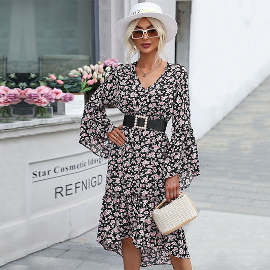 Floral Long-Sleeve V-Neck Dress – Autumn-Winter Casual Woven A-Line