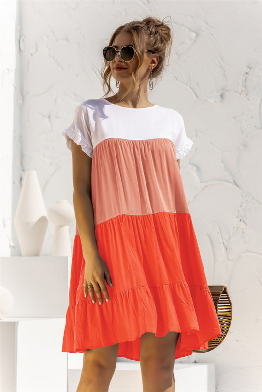 Color Block Boho Baby Doll Shirt Dress – Loose Fit, Short Sleeves, Lightweight Knit