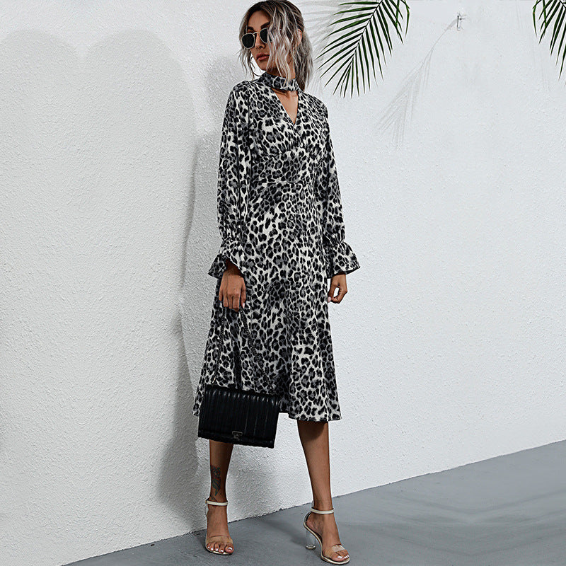 Leopard Print Long Sleeve Midi Dress – Autumn-Winter Woven Style