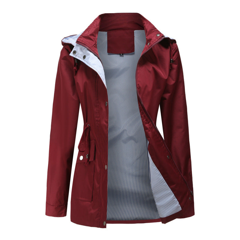 Women's Windbreaker with Removable Hood Wine Red