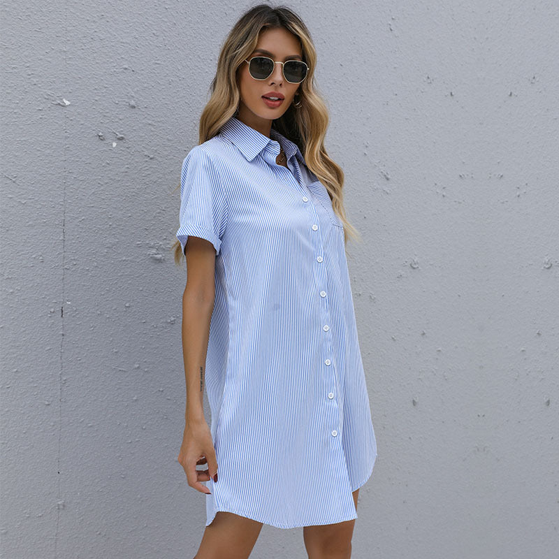Striped Short Sleeve Shirt Dress with Lapel – Lightweight Summer Style