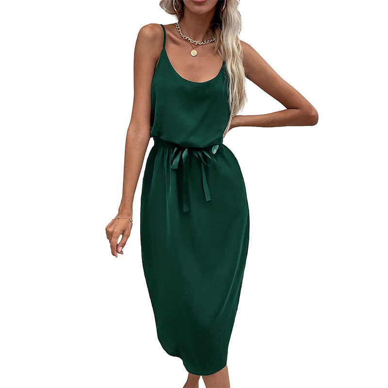 Solid Color Split Suspender Midi Dress – Sleek Fit & Chic Style