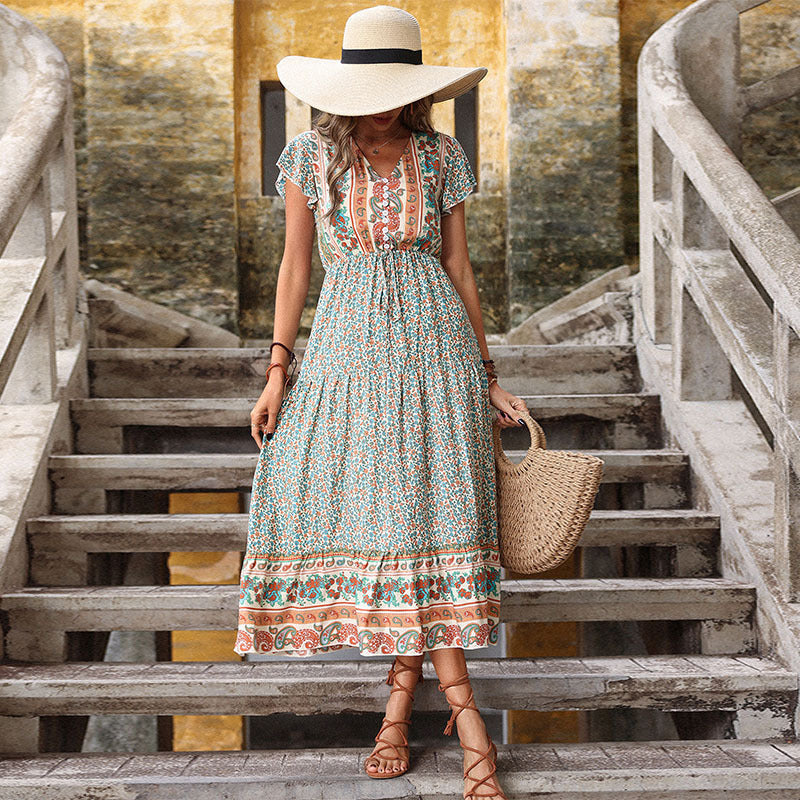 Green Retro Print Summer Dress – Lightweight Viscose, Slimming Fit