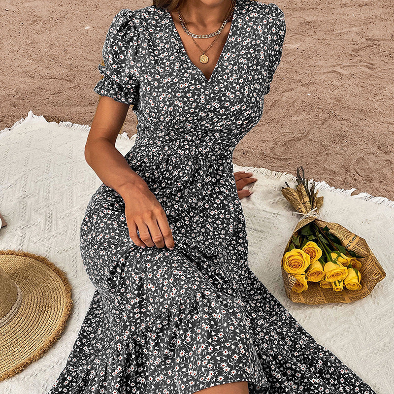 Floral Forest Midi Dress – Lightweight A-Line with Short Sleeves for Summer
