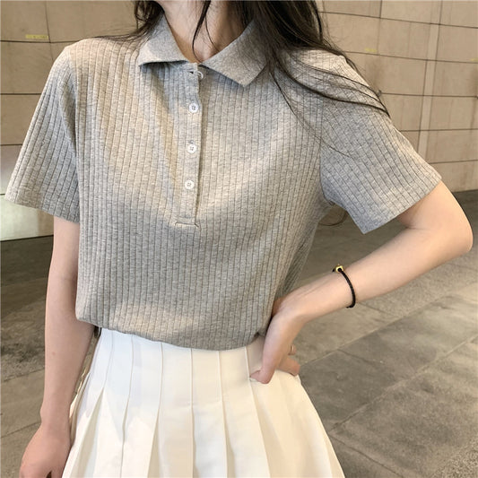 Women's polo neck short-sleeved knitted T-shirt women